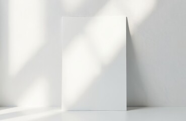 Blank white A4 paper standing against a wall. Natural light casts shadows on the surface. Use for marketing and design mockups, presenting your ideas on a clean minimalist canvas.