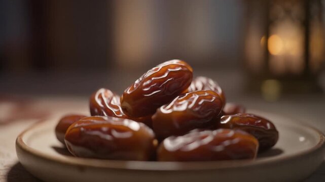 A close-up of a pile of sweet, dried dates on a small plate, perfect for healthy snacking or iftar meals