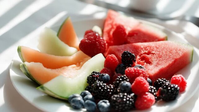 Fresh mixed berries and melon slices on white plate, colorful healthy fruit dessert concept, clean minimal food photography for nutrition, wellness, and lifestyle branding