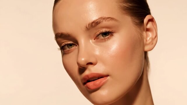 Woman with glowing skin and subtle makeup on beige background