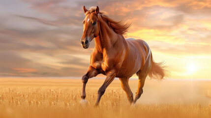 Obraz premium Chestnut horse running horse sunset field animal nature outdoors motion sky landscape