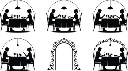 Obraz premium Romantic dinner couple silhouette icons set, black and white restaurant date scenes with wine glasses, table, lamp, elegant vector illustration