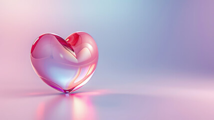 Fototapeta premium Shiny translucent pink heart shape with smooth curves reflecting soft pastel light on gradient background, evoking warmth and love