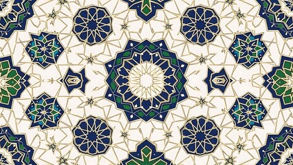 Intricate Moroccan Geometric Tile Pattern with Blue, Green, and Gold Lines