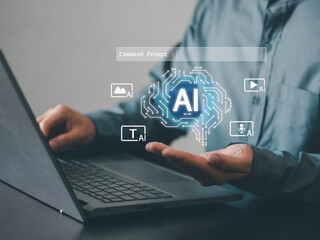 Professional using a laptop with floating AI interface and command prompt, generative artificial intelligence, automation, and smart productivity for modern business, coding, and digital workflows.