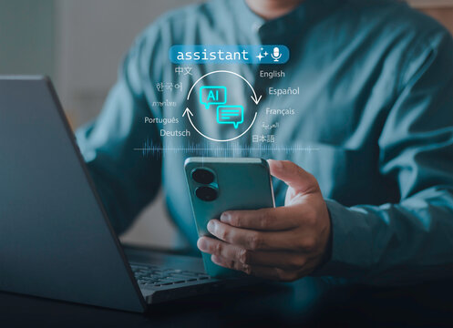 AI assistants, global multilingual translation, artificial intelligence, digital communication tools and features for business and education. Users are translating languages ​​using smartphones.