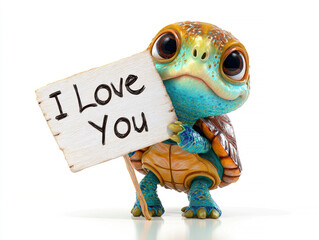 Front-facing anthropomorphic turtle character, holding a white sign with I LOVE YOU in bold letters on a plain white background, 3D style, vibrant and whimsical design, blue, green, and - AI-Generated