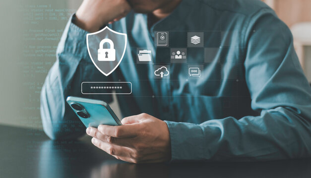 Protection, mobile cybersecurity, encrypted data access on cloud, secure login. Using smartphone with digital security interface, shield and password icons, OTP, personal data. and business contract. - Powered by Adobe