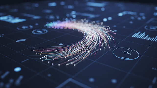 Abstract swirling data visualization with colorful particles and digital charts on a dark background, representing analytics and network. - Powered by Adobe