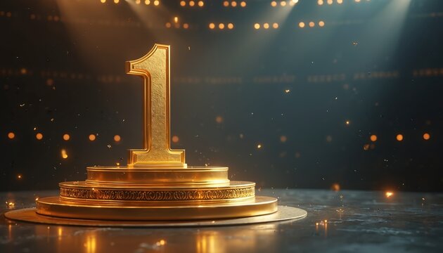 Golden number one trophy stands on podium with falling confetti. Shiny digit one signifies success achievement, winner celebration, prime ranking on stage.