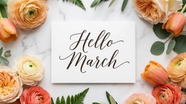 hello march lettering on white greeting card with peach ranunculus flowers and tulips on marble background. spring season floral flat lay.