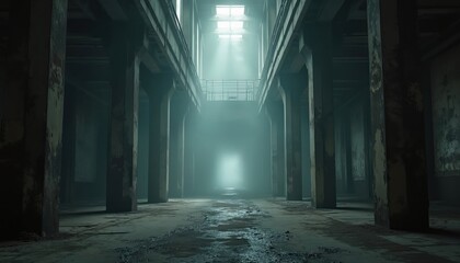 Fototapeta premium Dark abandoned industrial factory interior concrete pillars. Light beams come from high windows through dusty air, creating hazy atmosphere. Dirty floor, old building structure. Ominous empty space.