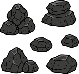Cartoon Coal and Charcoal Ore Rock Set, Black Carbon Mineral Stone Pile, Fossil Fuel Graphite Material for Mining Industry and Energy Production, Dark Basalt Vector Isolated.