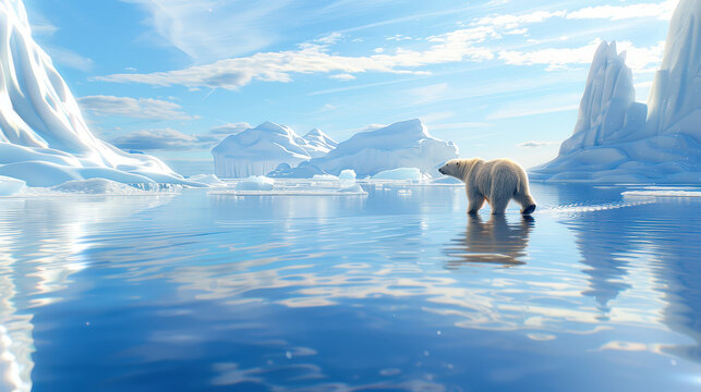 Polar bear walking on icy water in arctic landscape with blue sky and snow covered mountains