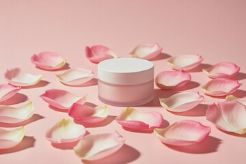 Pink cream jar with rose petals
