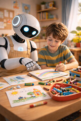Humanoid AI Robot Teaching Child to Draw with Crayons