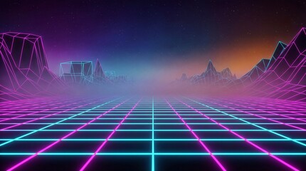 Retro synthwave landscape with neon grid and mountains.