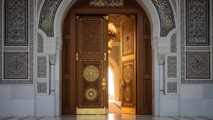 Majestic open wooden doors revealing a bright interior, adorned with intricate Islamic calligraphy and golden geometric patterns.