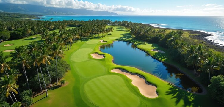 Green golf course near ocean with palm trees. Water hazard, sand bunkers on fairways. Mountains visible in distance. Sunny day on tropical island.