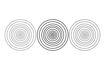 This minimalist abstract image displays three large circles arranged horizontally across a white background. Each large circle is composed of numerous smaller concentric circles, creating a target