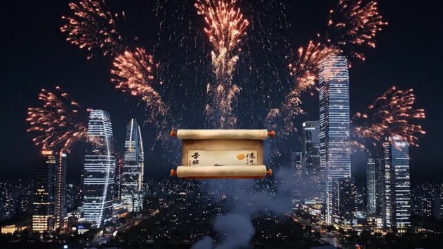 Mystical ancient scroll glowing over a vibrant city skyline illuminated by a grand display of festive fireworks, symbolizing triumph and a momentous occasion