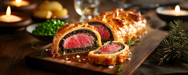 Creative food Concept. Sliced Beef Wellington puff pastry open, showing meat fillet and mushroom duxelles with peas and rosemary herbs, on wooden board, candle flame lit background. copy text space.