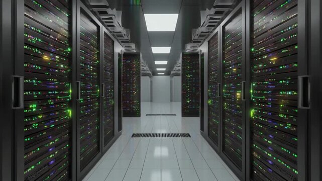 Abstract technology video of server racks with blue LED lights, no logos, shallow depth of field, cinematic lighting, slow motion camera movement