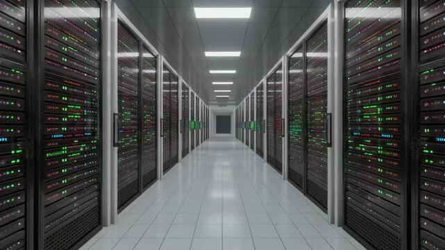 Abstract technology video of server racks with blue LED lights, no logos, shallow depth of field, cinematic lighting, slow motion camera movement
