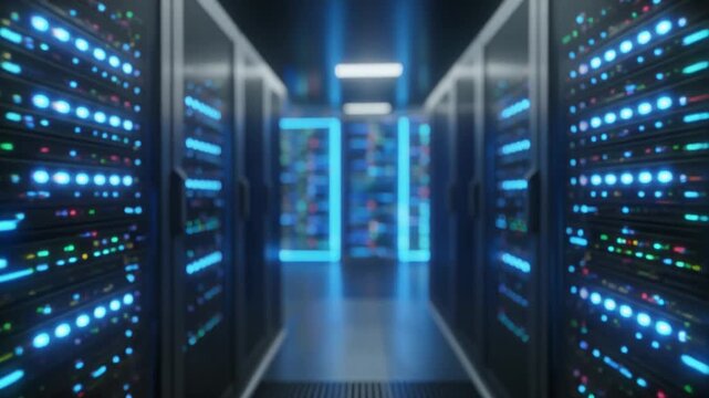 Abstract technology video of server racks with blue LED lights, no logos, shallow depth of field, cinematic lighting, slow motion camera movement