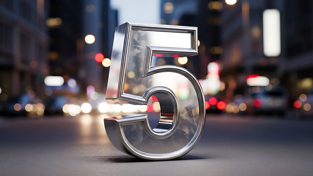 Shiny chrome number five standing on an asphalt street with blurred city lights and traffic in the background, representing numerical concepts, ranking, or significant milestones