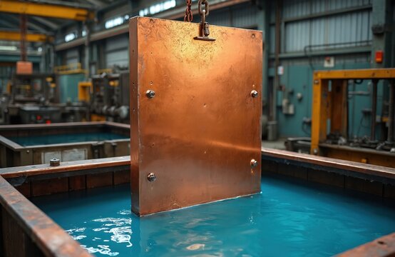Industrial photo shows copper plating process. Metal plate immersed in blue liquid solution. Factory tech uses galvanic bath for electroplating copper in workshop.