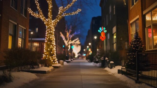 Charming winter street scene at dusk, adorned with countless warm string lights on trees and buildings, evoking a festive and magical holiday spirit