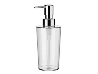 Modern clear soap dispenser with chrome pump isolated on transparent background