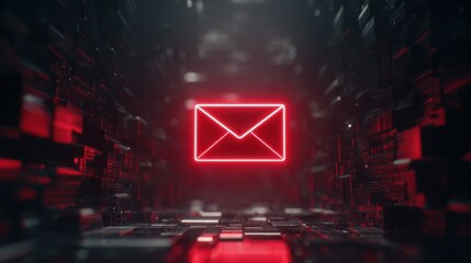 Digital message icon glowing in red light within a dark space filled with abstract shapes and patterns