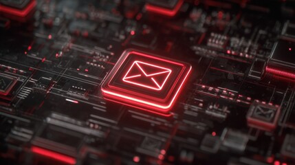 Red glowing email symbol on dark grid background with digital patterns and lines created in a modern style