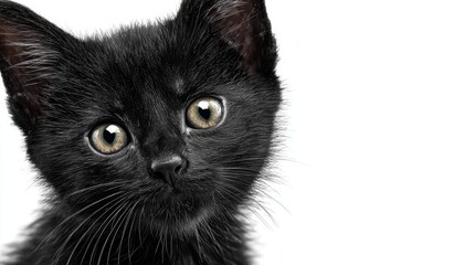 Black kitten looks directly at the camera with bright eyes on a white background