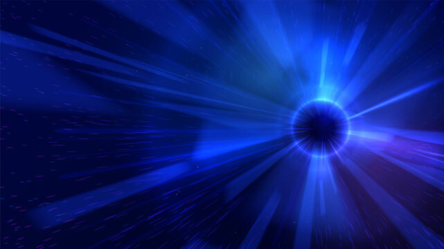 Futuristic blue digital light rays converging into a bright core, representing data transmission, high speed technology, energy flow, virtual space, artificial intelligence digital vector background