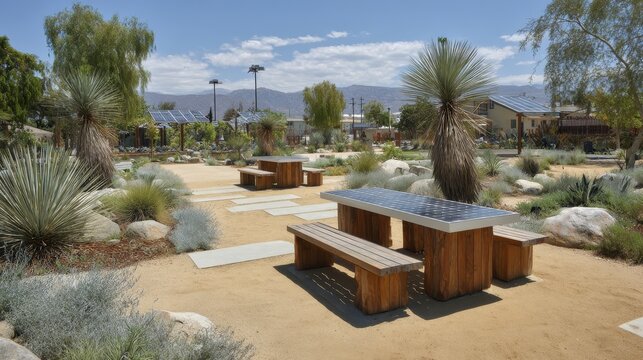 A drought-resistant lawn with decomposed granite zones, yucca sentinels, and integrated solar benches. --ar 16:9 --v 7 Job ID: 5d31bdd5-c9b4-4dd4-aa52-28a622be7096