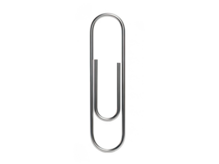 Single silver paper clip isolated on transparent background