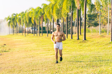 A young Asian man is jogging outdoors in a park in the morning. The concept of exercise for health is depicted.