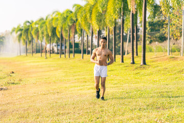 A young Asian man is jogging outdoors in a park in the morning. The concept of exercise for health is depicted.