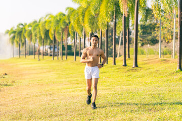 A young Asian man is jogging outdoors in a park in the morning. The concept of exercise for health is depicted.