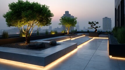 A sleek minimalist rooftop garden with polished concrete paths, single bonsai trees, and LED strip lighting at dusk. --ar 16:9 --v 7 Job ID: f422ddd2-f5aa-4ec7-8c02-1a400723cb89