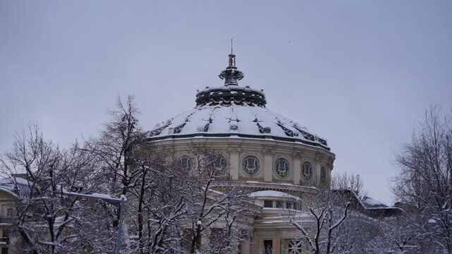 Neoclassical architecture of the Romanian Athenaeum or Ateneul Roman concert hall a major cultural monument in Bucharest Romania
