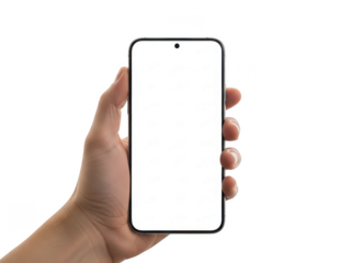 Hand holding blank smartphone isolated on transparent background