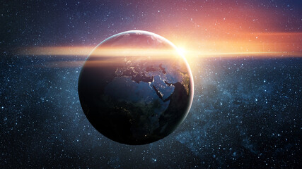 Fototapeta premium View from space of the sunrise over planet Earth. Elements of this image furnished by NASA.