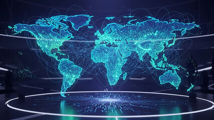 Glowing holographic world map with digital network connections displayed on high tech futuristic command center platform for global communications and business logistics and international commerce