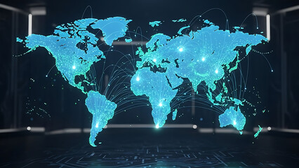 Blue digital world map hologram with bright connection points and light rays over circuit board floor in dark server room environment representing global data transfer and cybersecurity framework