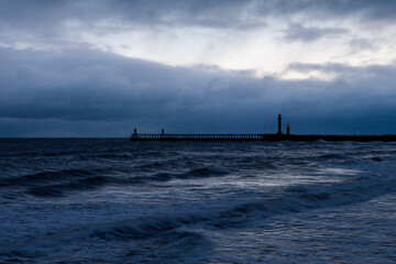 Historic fishing town and coastal resort of Whitby in winter January, North Yorkshire, England, UK