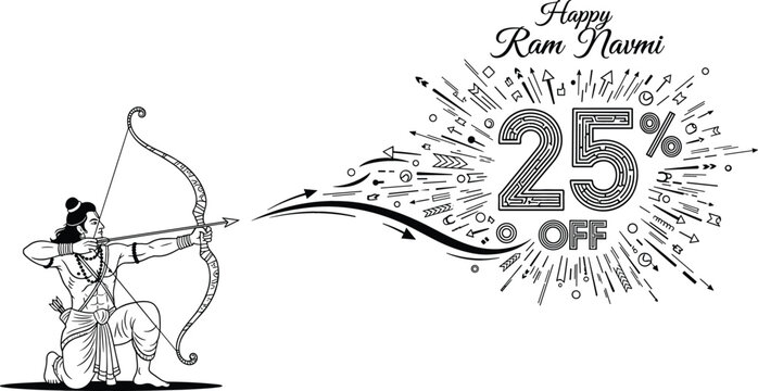 Happy Ram Navami vector sale banner featuring Lord Rama line art with bow arrow and 25 percent discount.